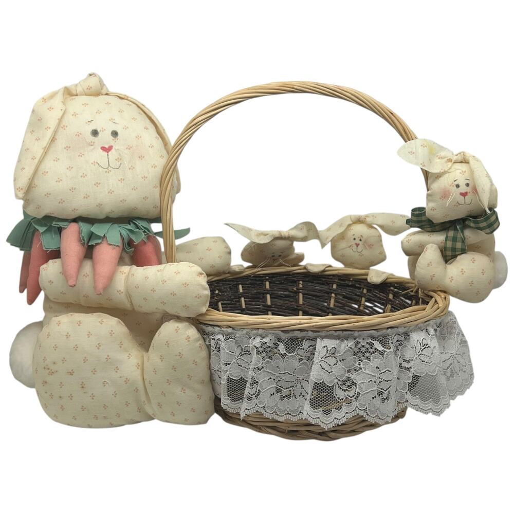 Handmade Easter Basket Bunny Family Lace Trim Cottagecore 90s